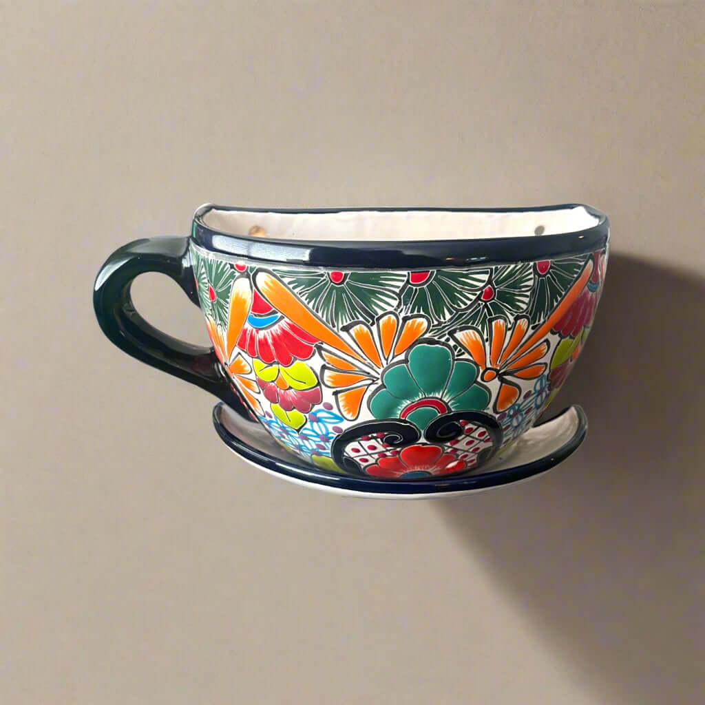 Talavera Coffee Cup Planter | Hand-Painted Mexican Wall Pot