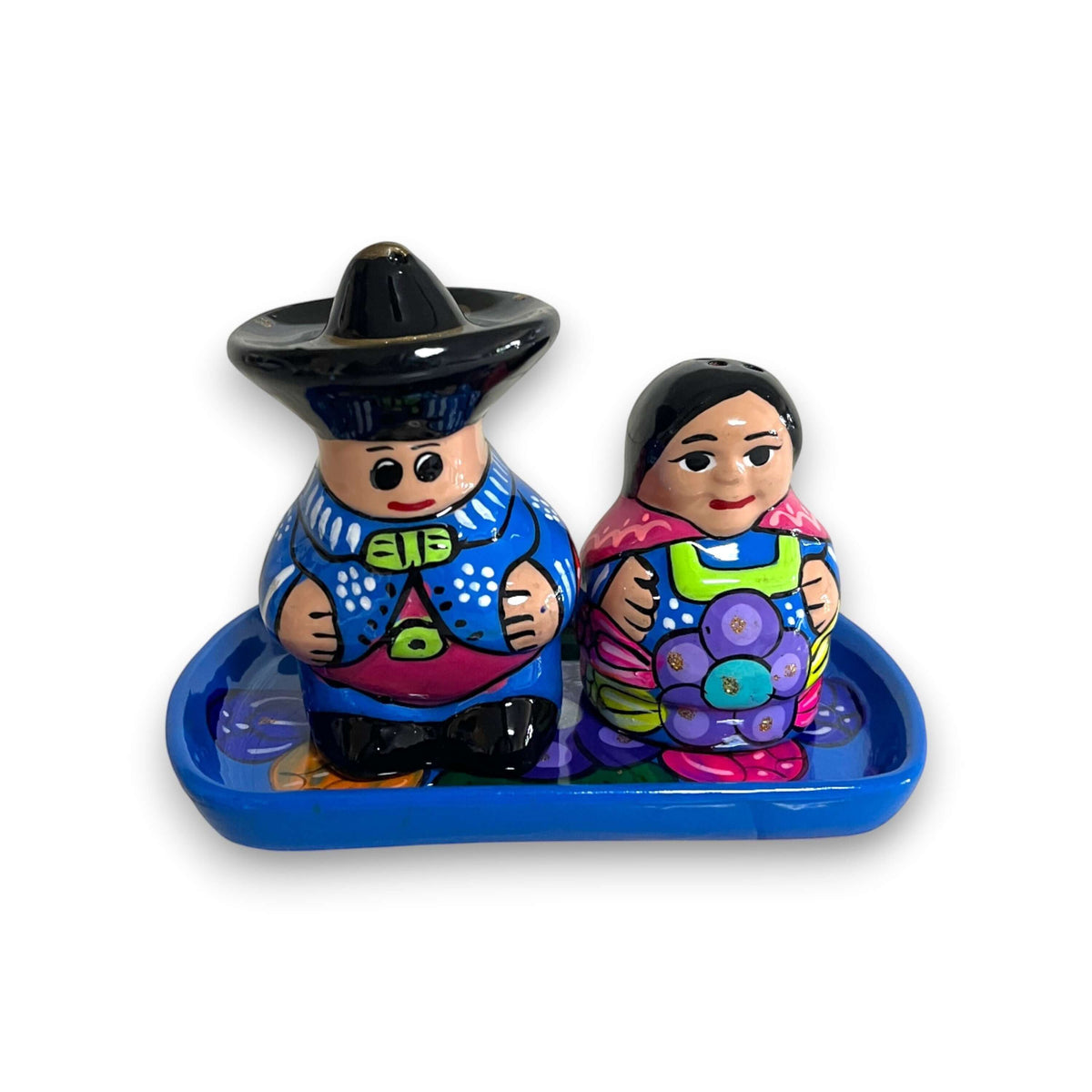 Hand-Painted Talavera Salt & Pepper Shakers | Couple on Tray