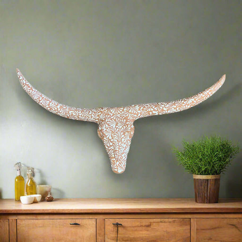 Terracotta Longhorn Wall Art | Hand-Painted Mexican Bull Skull