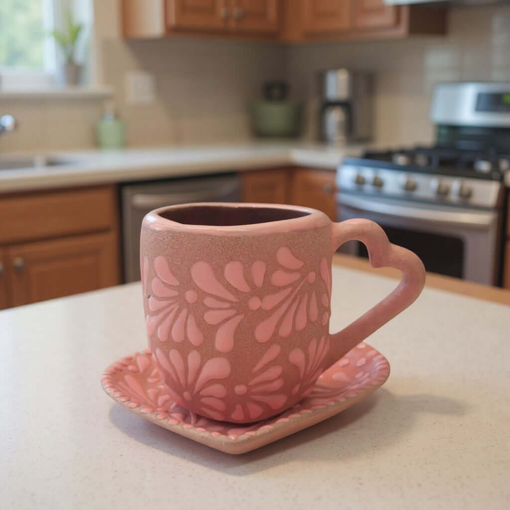 Heart Talavera Mug & Saucer Set | Pink Ceramic Coffee Cup