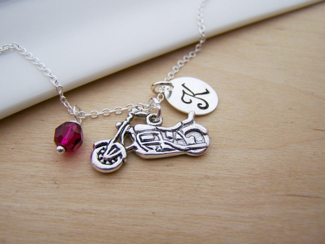 Personalized Motorcycle Necklace – Sterling Silver with Birthstone or Pearl