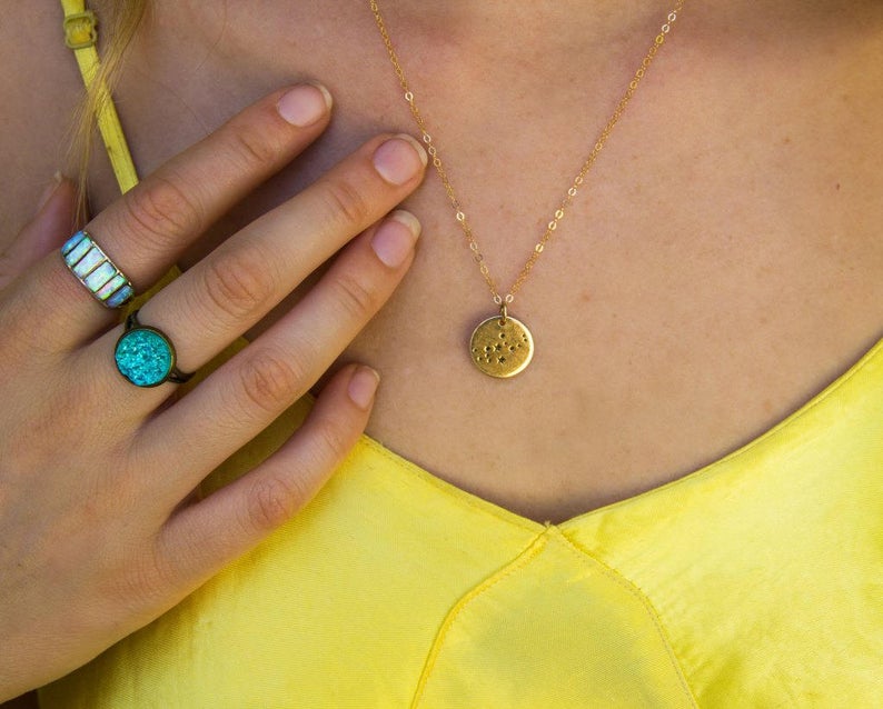 Aquarius Zodiac Necklace – Bronze Constellation Pendant on 14K Gold Filled Chain, Astrology Jewelry Gift