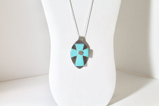 Spoon Art Turquoise Cross With 9mm Bullet Head on Silver Chain, Flatware Jewelry, Gift For Her, Valentines Day Gift, Southwestern