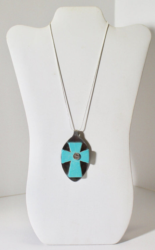 Spoon Art Turquoise Cross With 9mm Bullet Head on Silver Chain, Flatware Jewelry, Gift For Her, Valentines Day Gift, Southwestern