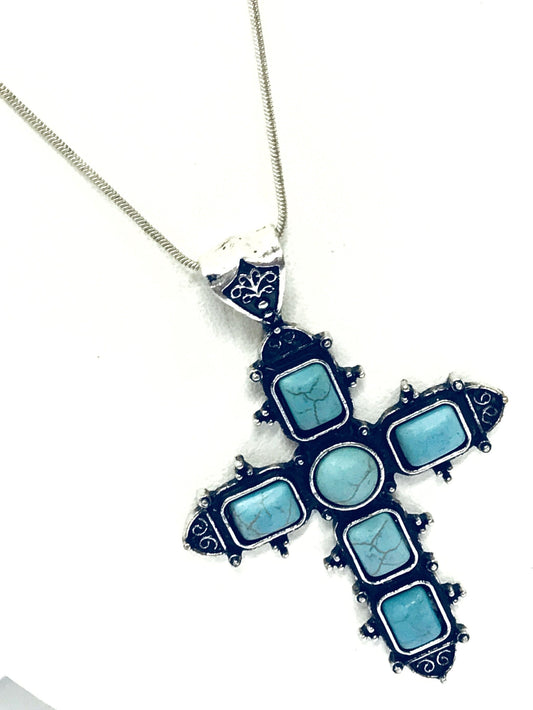 Southwestern Style Cross Necklace, Silvertone Turquoise Cross Pendant, Christian Cowgirl Statement Necklace, Chunky Cross, Gift For Her