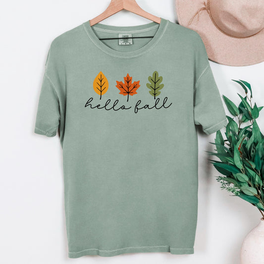 Comfort Colors T-shirt Minimalistic Hello Fall with Leaves Graphic, Vintage Style Cozy Fall Top, Gift for Autumn, Relaxed Fit Casual Tee