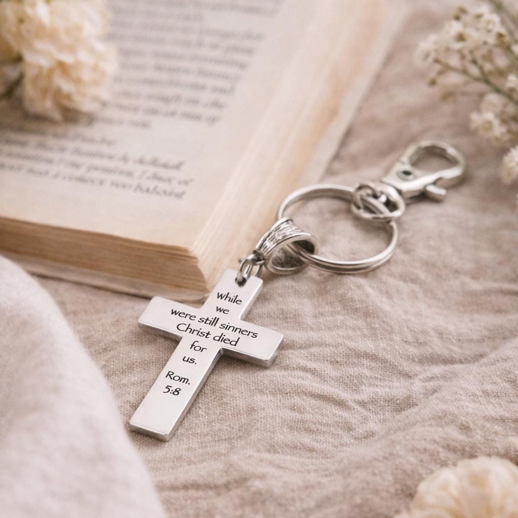 Christ Died For Us Romans 5 8 Charm Keychain Stainless Steel Christian Gift Scripture Cross