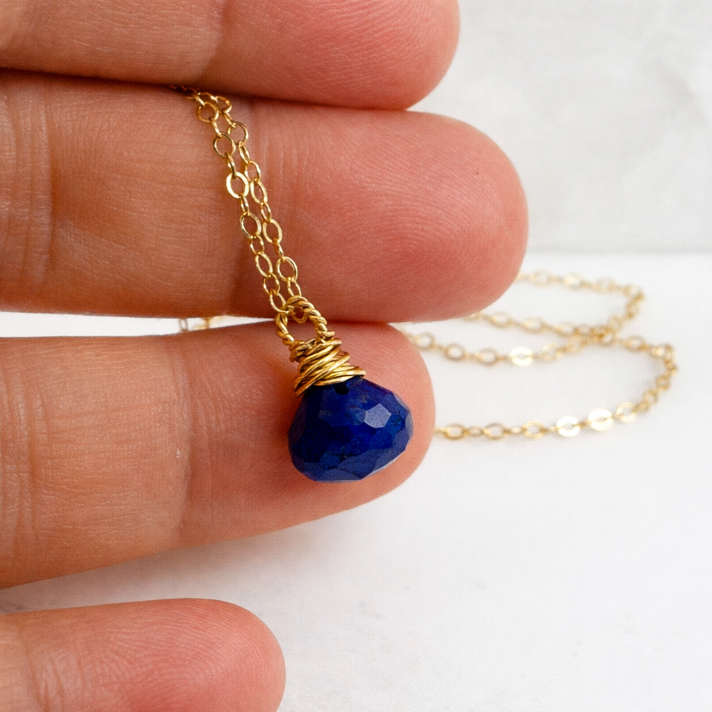 Lapis Lazuli Briolette Necklace – 14k Gold Filled – Hand Wrapped Gemstone Pendant