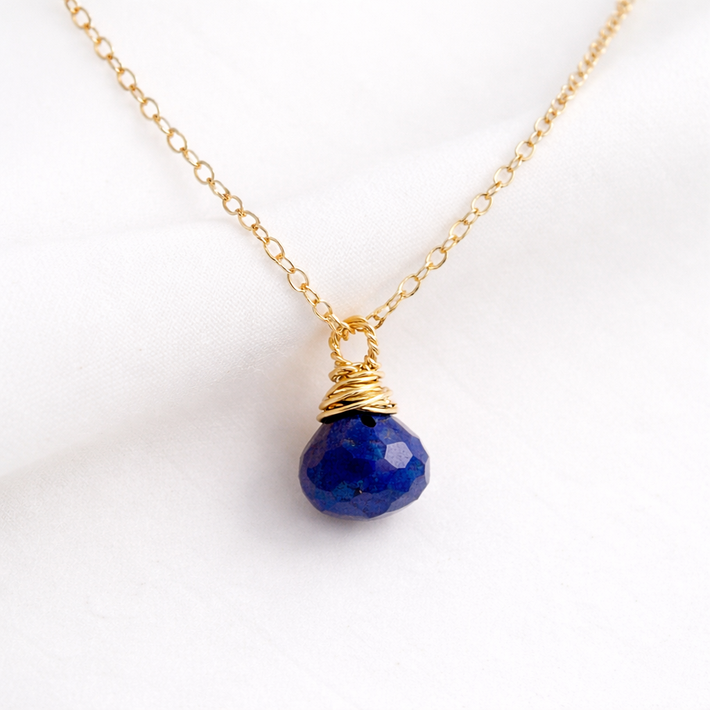 Lapis Lazuli Briolette Necklace – 14k Gold Filled – Hand Wrapped Gemstone Pendant
