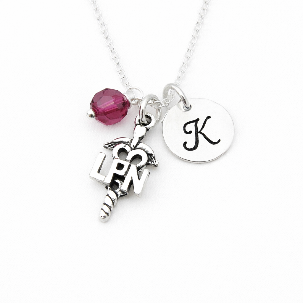 LPN Nurse Necklace – Sterling Silver with Birthstone & Initial Charm