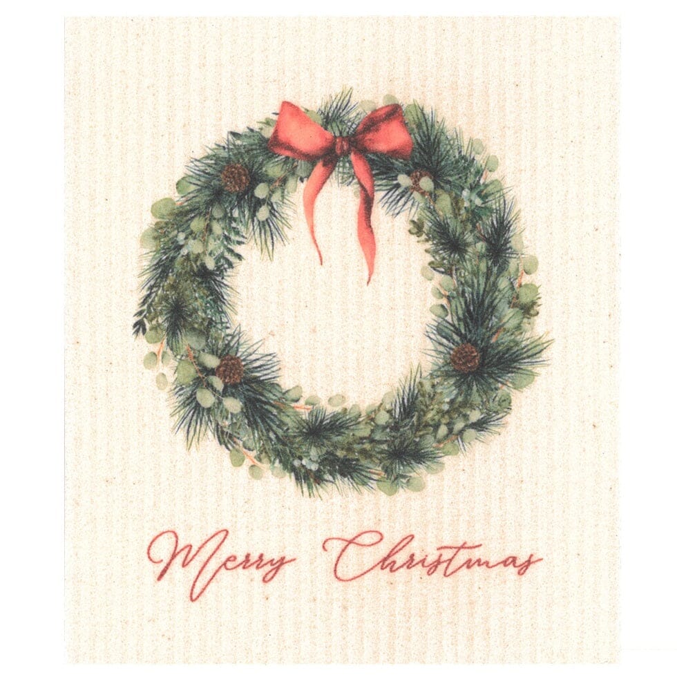 Merry Christmas Wreath with Red Bow Swedish Dishcloth