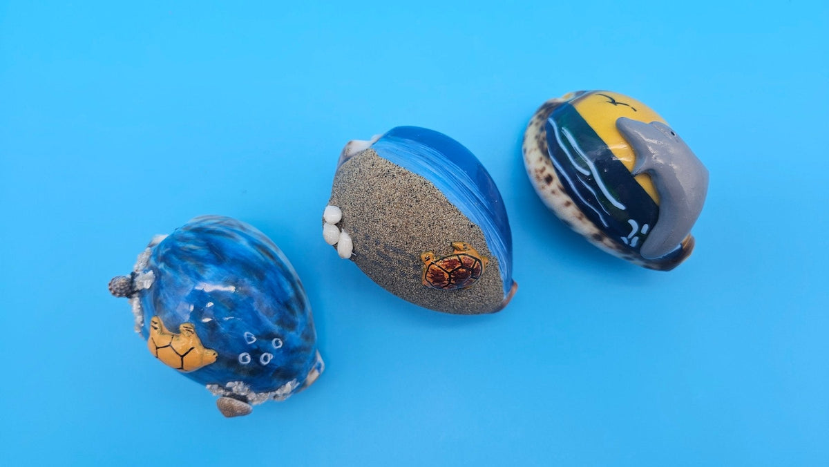 Painted Cowrie Shell Magnets – Coastal Decor Sea Turtle, Dolphin, or Sand Scene 2.5–3"