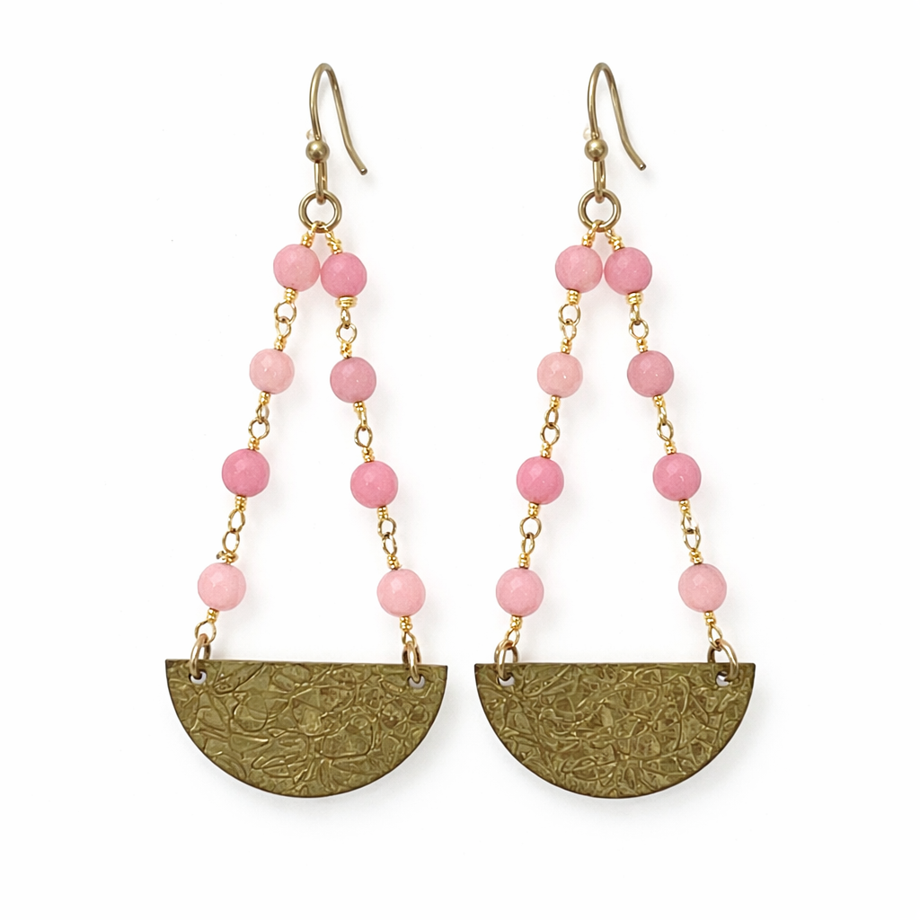 Pink Jade & Textured Brass Drop Earrings – 14k Gold Filled