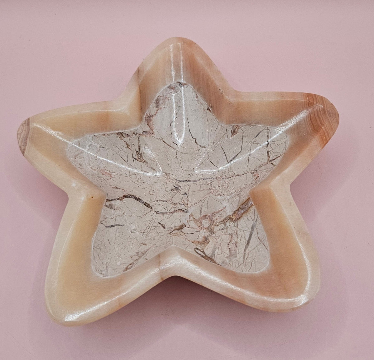 Polished Onyx Star Dish – Pale Marbled Stone Bowl 6.25"