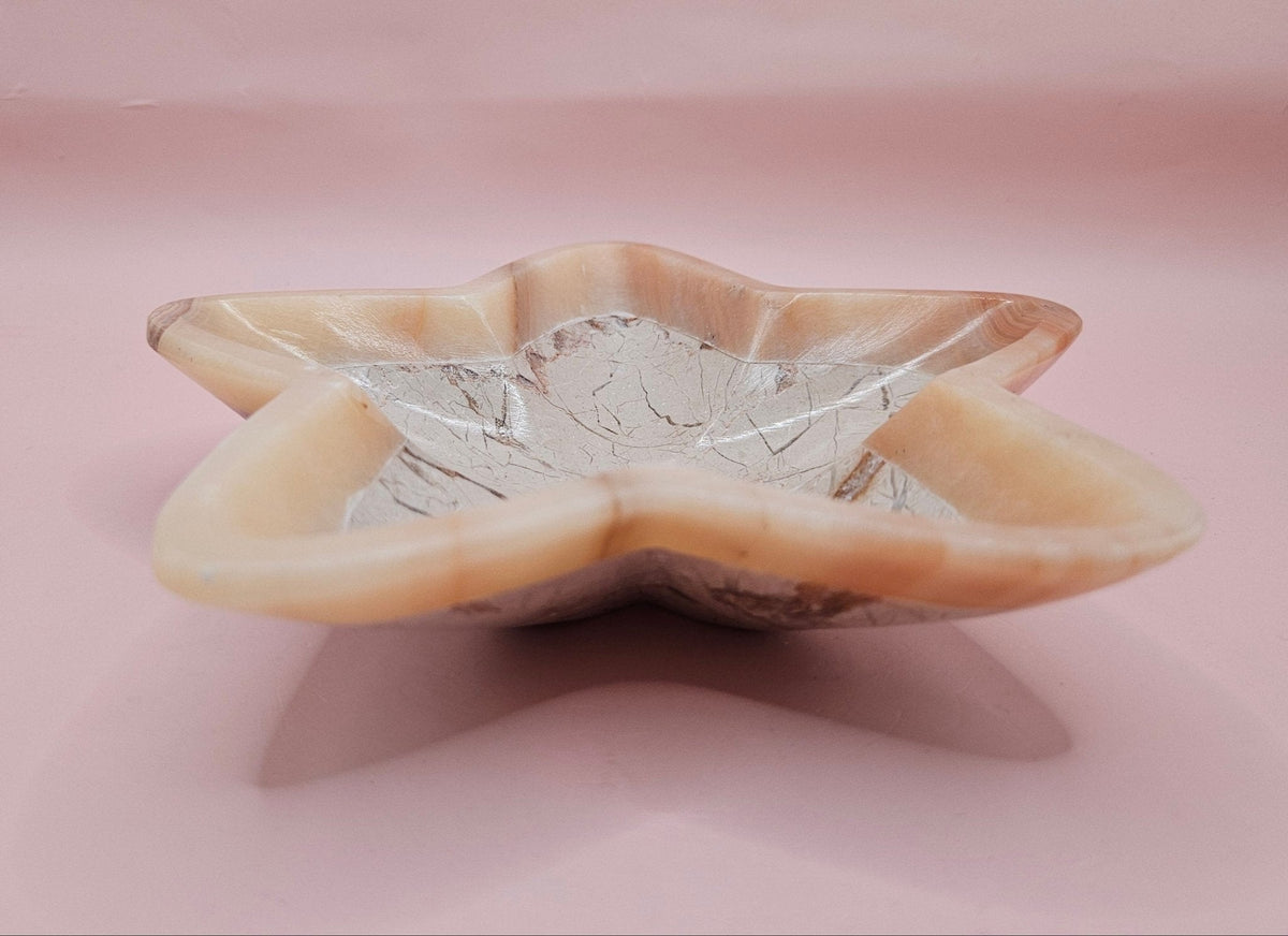 Polished Onyx Star Dish – Pale Marbled Stone Bowl 6.25"