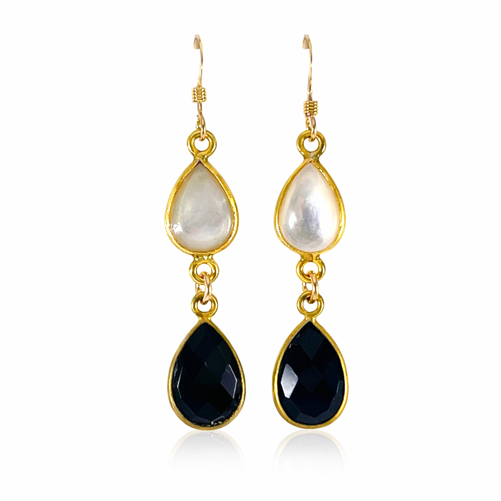 Black Spinel & Mother of Pearl Drop Earrings – 14K Gold Fill
