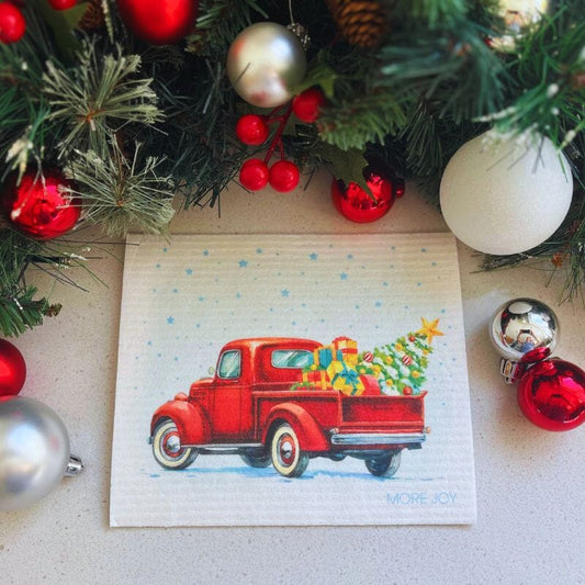Vintage Truck with Christmas Tree Swedish Dishcloth |  Red