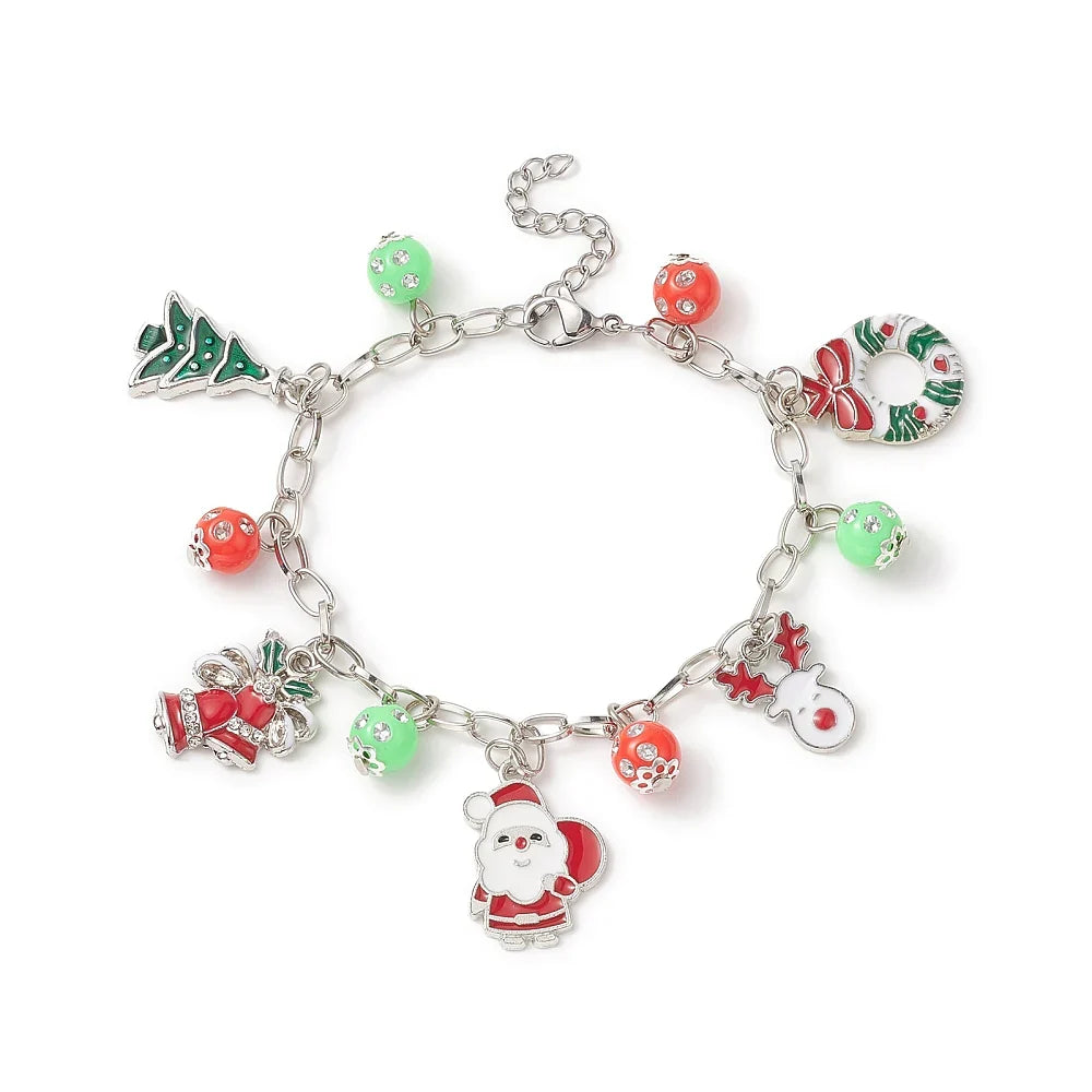 Christmas Charm Bracelet – Holiday Enamel Charms on Silver Cable Chain
